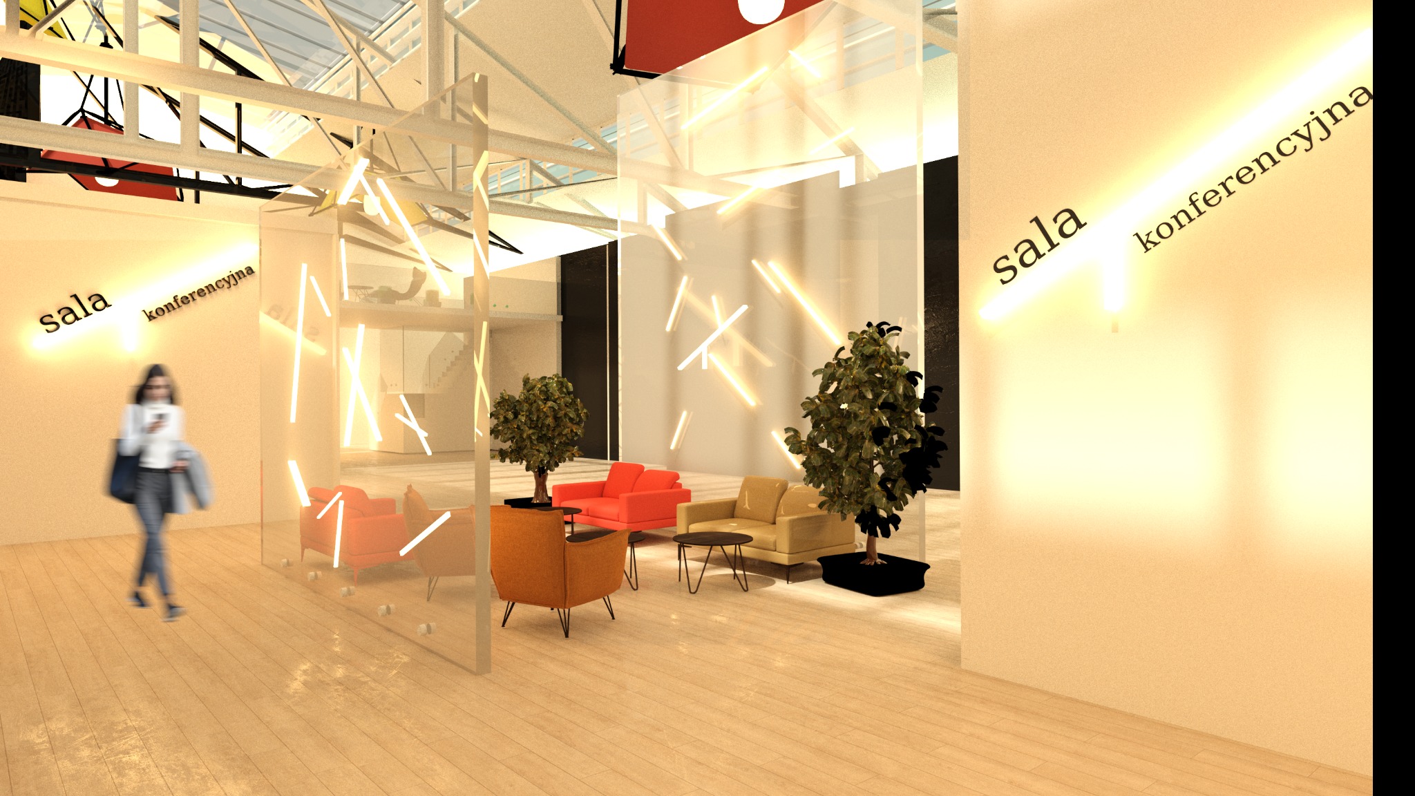 Wizualizacja jasnej sali konferencyjnej z przeszklonymi ścianami, nowoczesnym oświetleniem neonowym, roślinami doniczkowymi i kolorowymi fotelami.