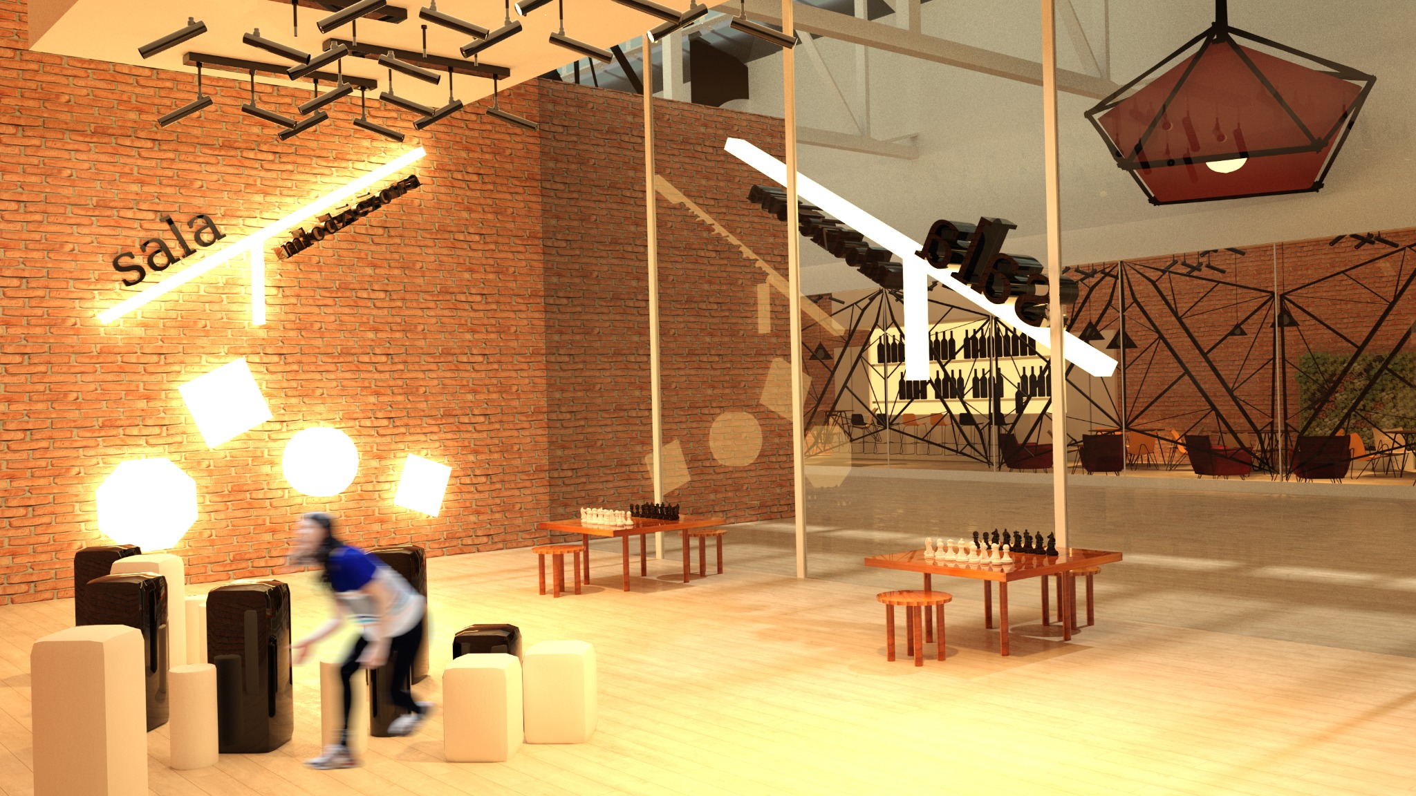 Wizualizacja sali z ceglaną ścianą, neonowym napisem 'sala', stolikami do gry w szachy i nowoczesnym oświetleniem. Osoba w ruchu dodaje dynamiki wnętrzu.