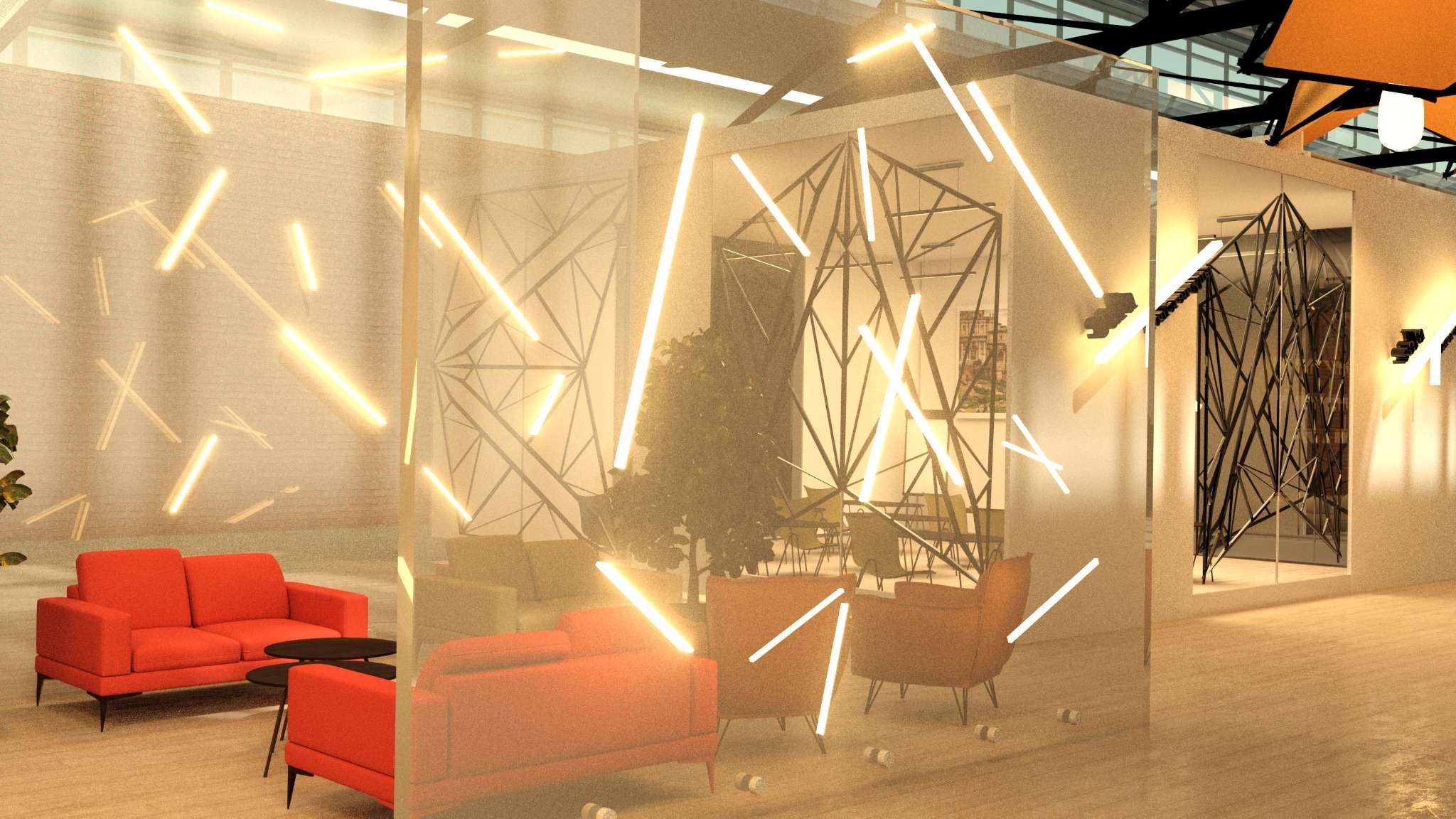 Wizualizacja wnętrza biura z sofami w odcieniach czerwieni i pomarańczy, geometrycznymi dekoracjami ścian i podświetleniem ledowym. Nowoczesny design z drzewem w tle.