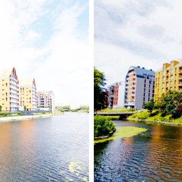 Grafmaga - Wodne odbicie nowoczesnych, wielobarwnych budynków mieszkalnych z charakterystycznymi, łukowymi dachami, widzianych z perspektywy rzeki. Letni dzień.