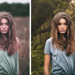Grafmaga - Dwa ujęcia tej samej kobiety z różnymi tłami: pierwsze to łąka, drugie to malowniczy las z wodospadem. Twarz kobiety jest wyraźna na obu zdjęciach.