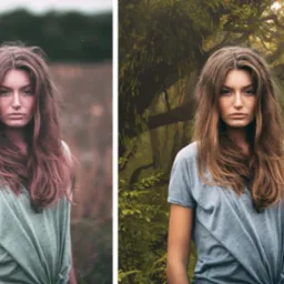 Dwa ujęcia tej samej kobiety z różnymi tłami: pierwsze to łąka, drugie to malowniczy las z wodospadem. Twarz kobiety jest wyraźna na obu zdjęciach.