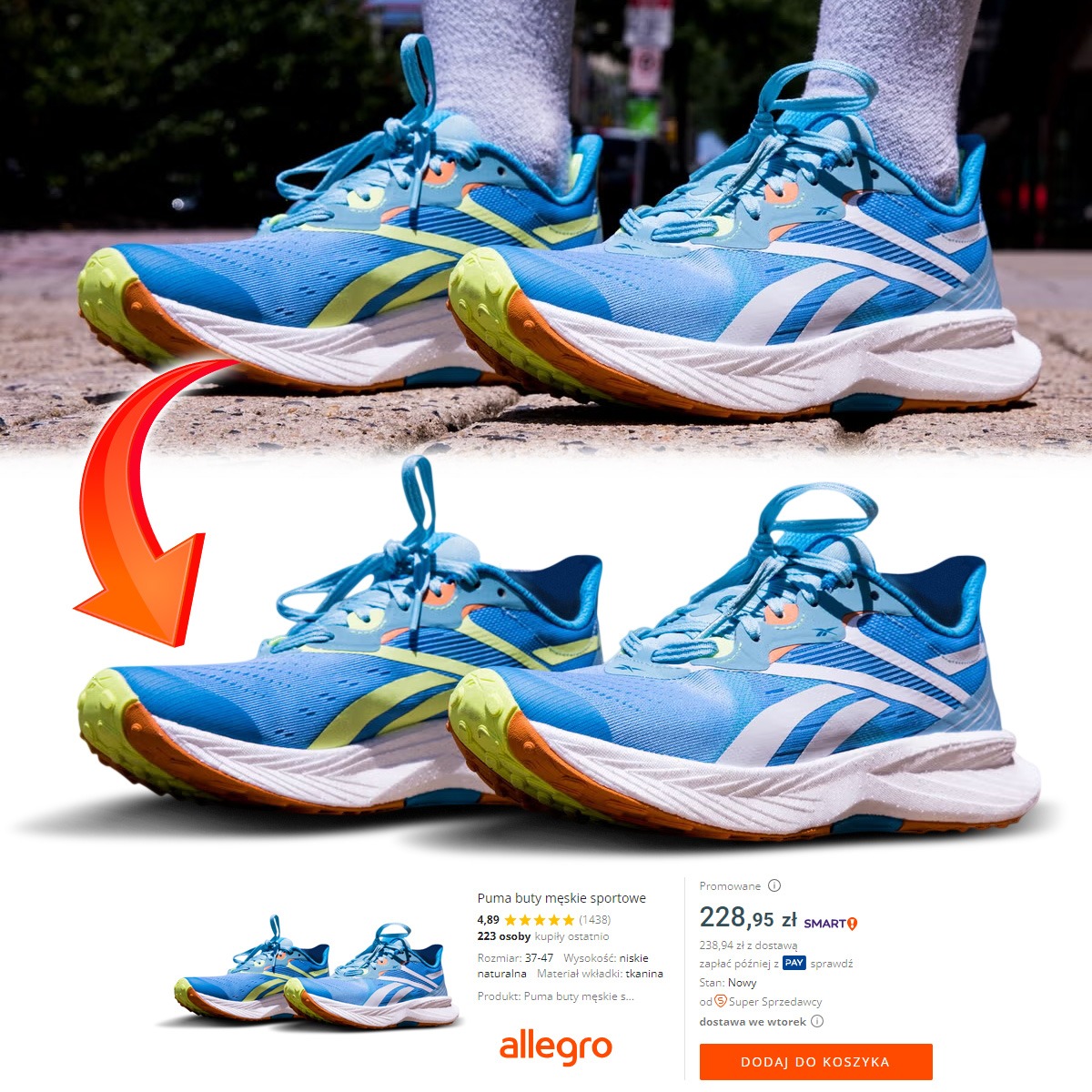 Reklama sportowych butów Puma na Allegro: dwie pary błękitnych butów z białymi akcentami, widoczne stopy modela w skarpetach, strzałka wskazuje na ofertę sklepu.