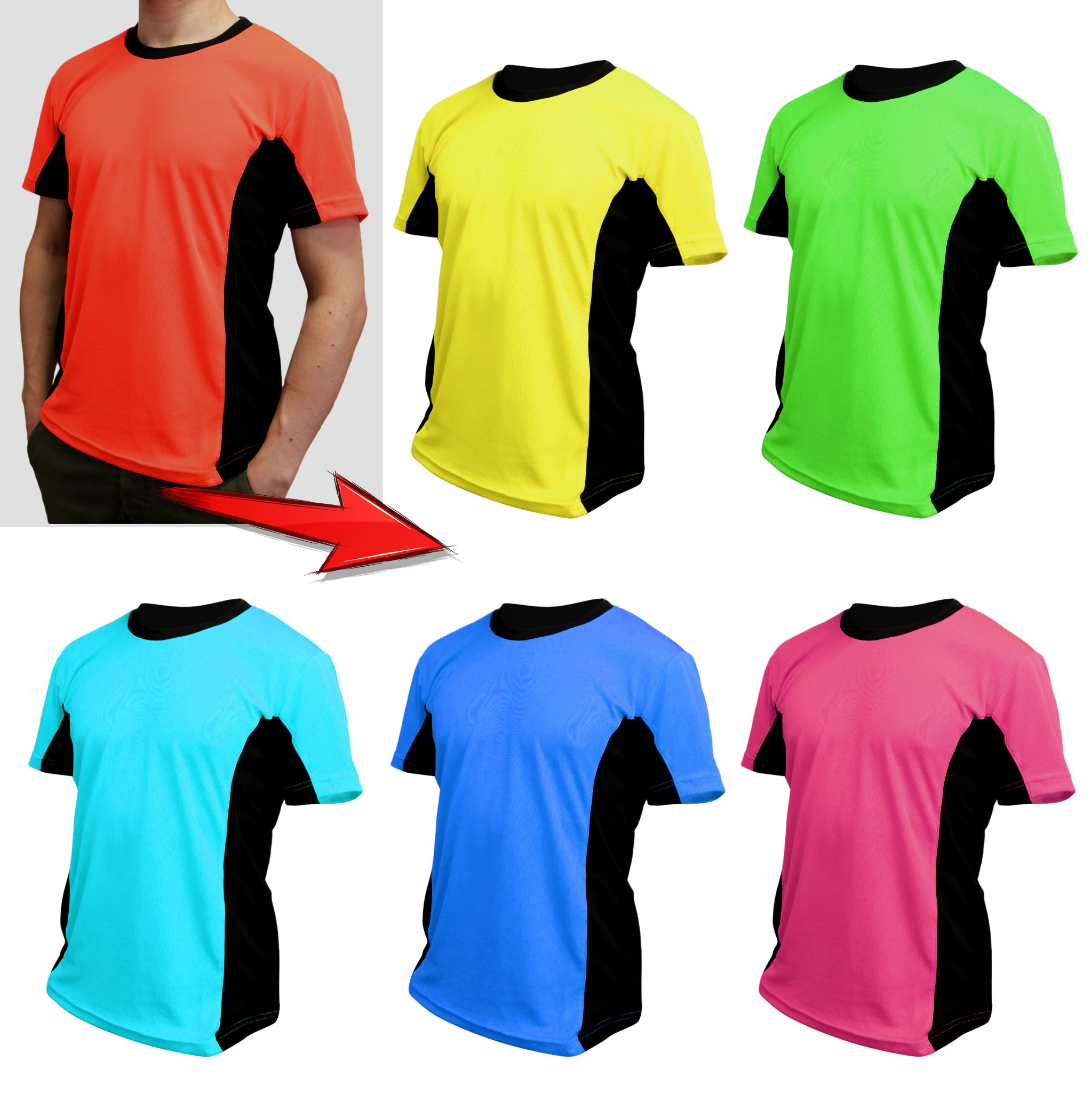 Kompozycja sześciu kolorowych koszulek sportowych z czarnymi wstawkami. Jedna koszulka prezentowana na modelu, reszta bez modela. Strzałka wskazuje na model.