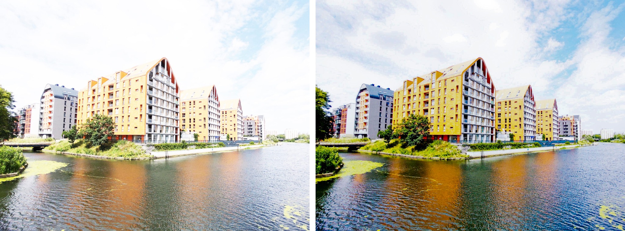 Wodne odbicie nowoczesnych, wielobarwnych budynków mieszkalnych z charakterystycznymi, łukowymi dachami, widzianych z perspektywy rzeki. Letni dzień.