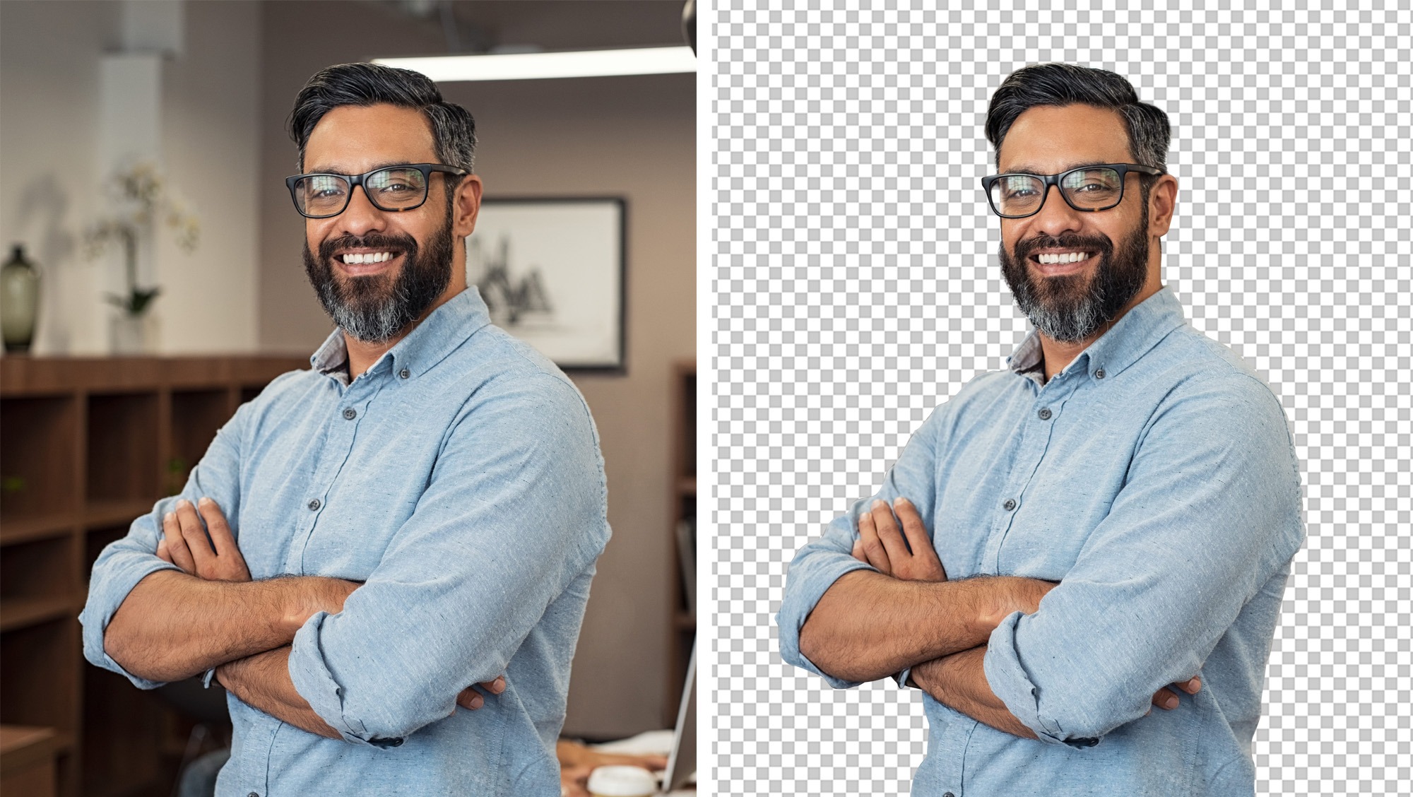 Portret uśmiechniętego mężczyzny w okularach i błękitnej koszuli na tle biura, z wersją z przezroczystym tłem po prawej stronie.