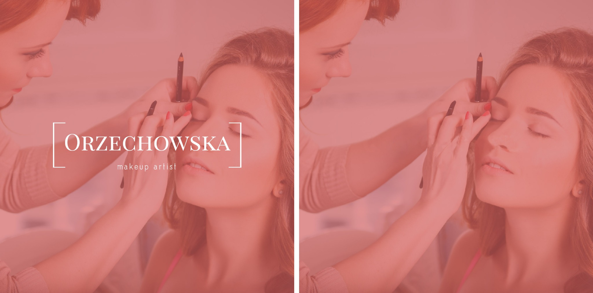 Makijażystka maluje brwi klientki kredką. Widoczny fragment twarzy modelki z zamkniętymi oczami i ręce makijażystki.