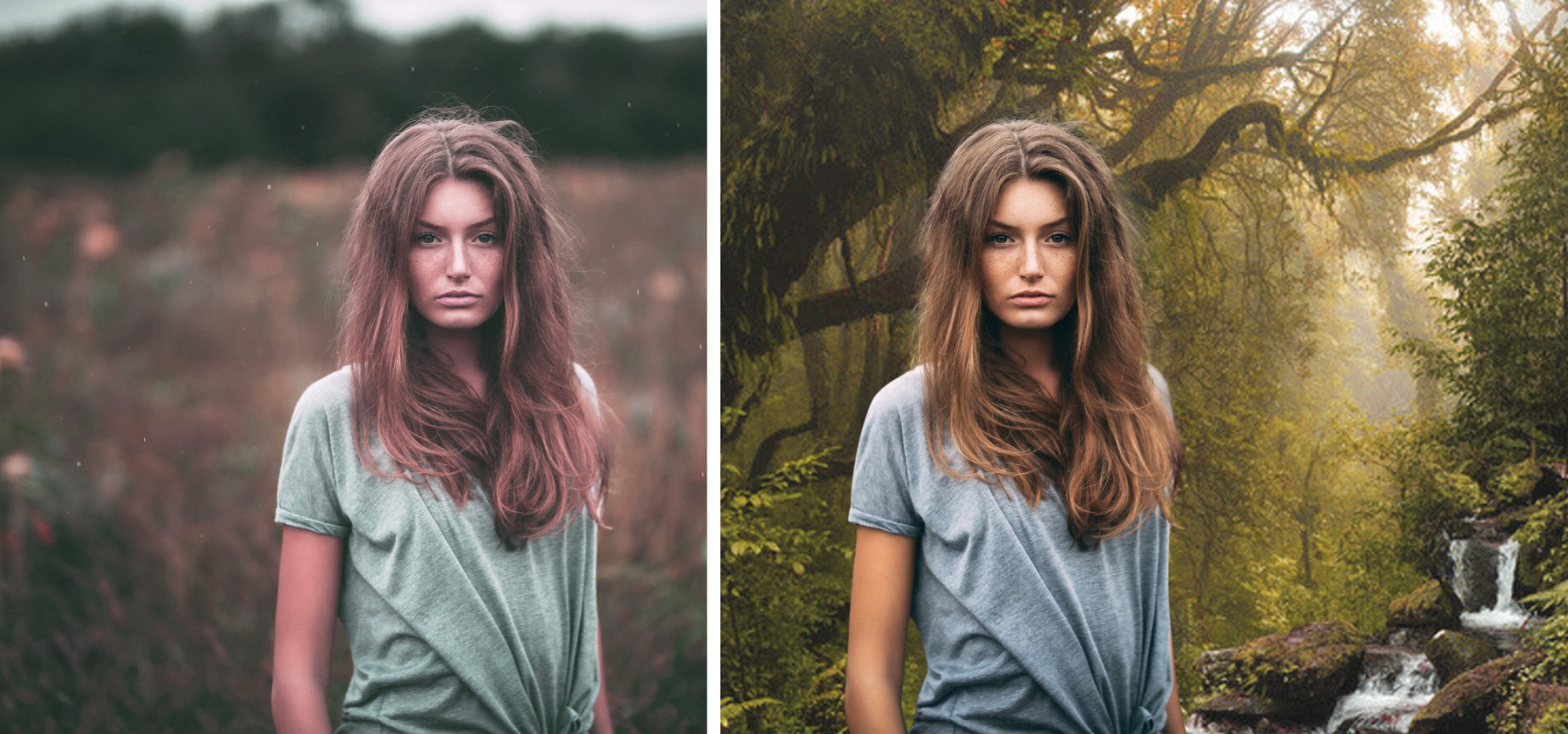 Dwa ujęcia tej samej kobiety z różnymi tłami: pierwsze to łąka, drugie to malowniczy las z wodospadem. Twarz kobiety jest wyraźna na obu zdjęciach.
