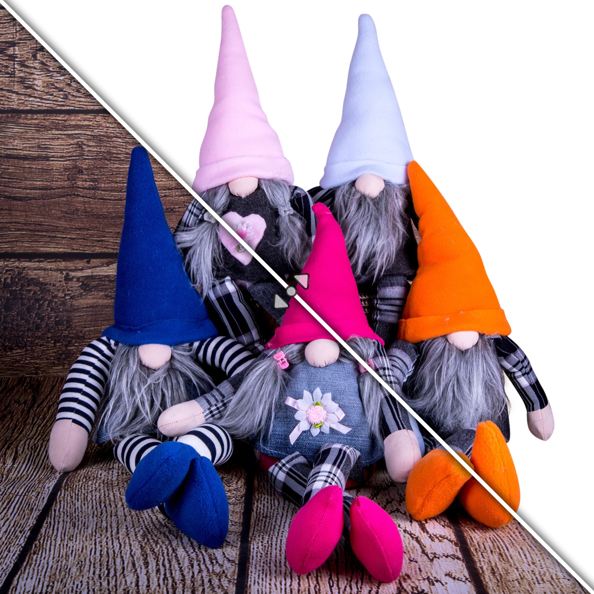 Ręcznie szyte krasnale w Starej Dąbrowie z różnokolorowymi czapkami, ustawione na drewnianym tle. Dekoracyjne figurki z brodami i ozdobnymi detalami.