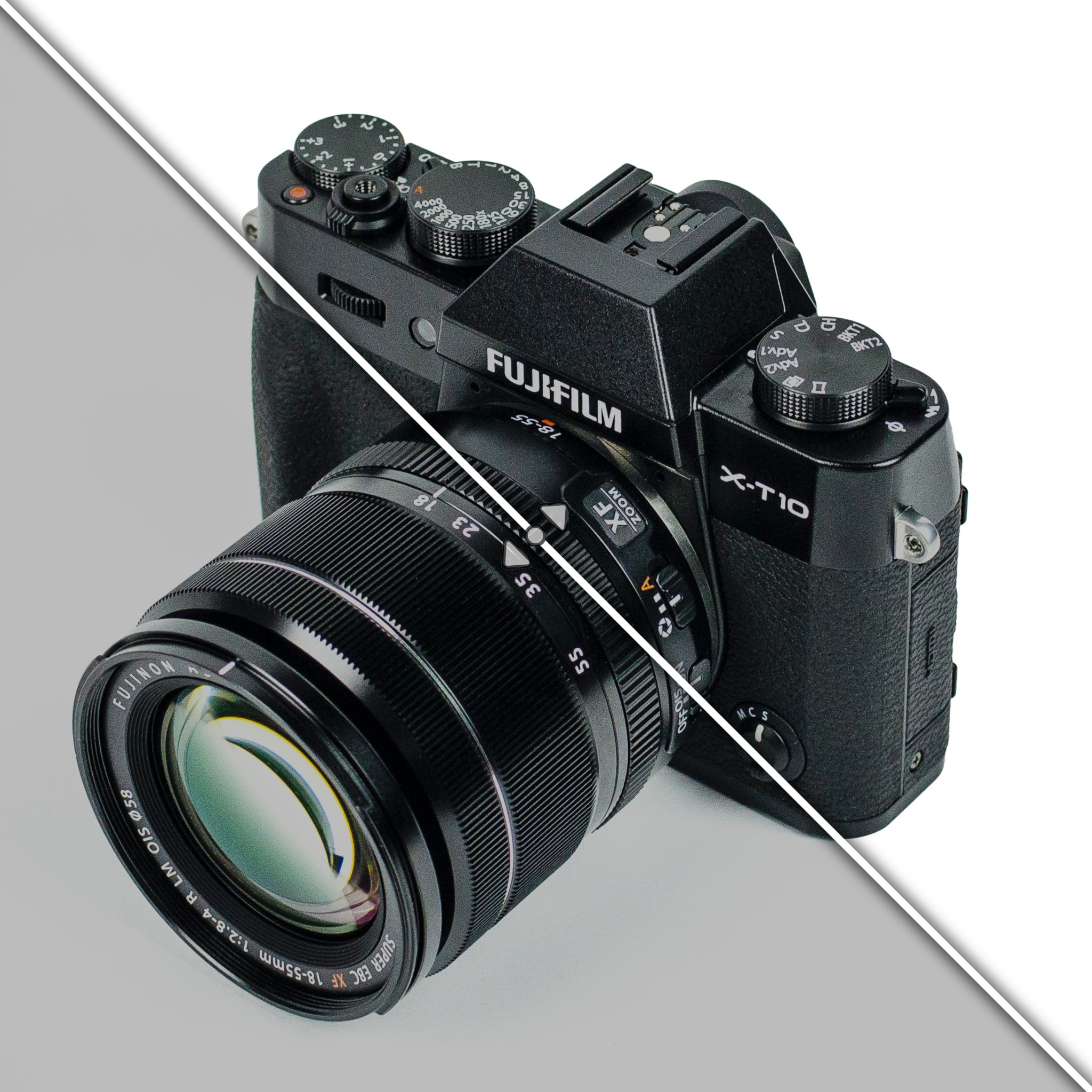 Czarny aparat Fujifilm X-T10 z obiektywem 18-55mm na dwukolorowym tle. Widoczne pokrętła ustawień i oznaczenia modelu. Ostrość na obiektywie.