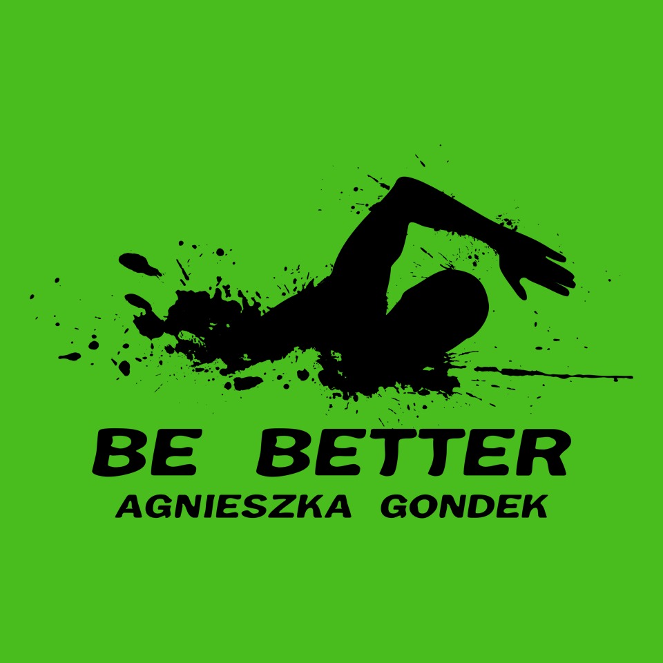 Sylwetka pływaka w czerni na zielonym tle z napisem 'BE BETTER Agnieszka Gondek'. Dynamiczny, graficzny wizerunek.