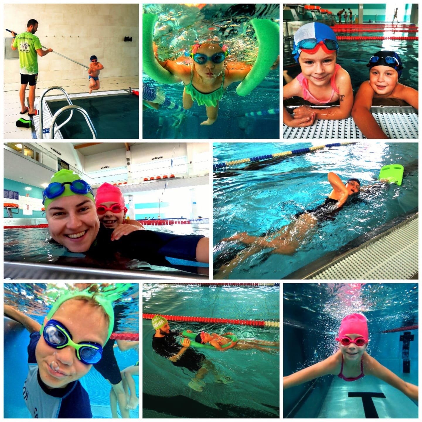 Mozaika zdjęć z nauki pływania: dzieci pod wodą, na powierzchni, z instruktorem, w czepkach i goglach, ćwiczenia z makaronem w basenie.