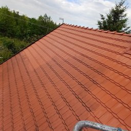 AlpinClean - Czerwona dachówka karpiówka, widok z drabiny, niebo z chmurami w tle. Widoczne zabrudzenia na powierzchni dachu.