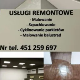 Kompozycja zdjęć z remontów: malowanie szpachlowanie, cyklinowanie parkietów, malowanie balustrad. Na środku wizytówka z numerem telefonu.