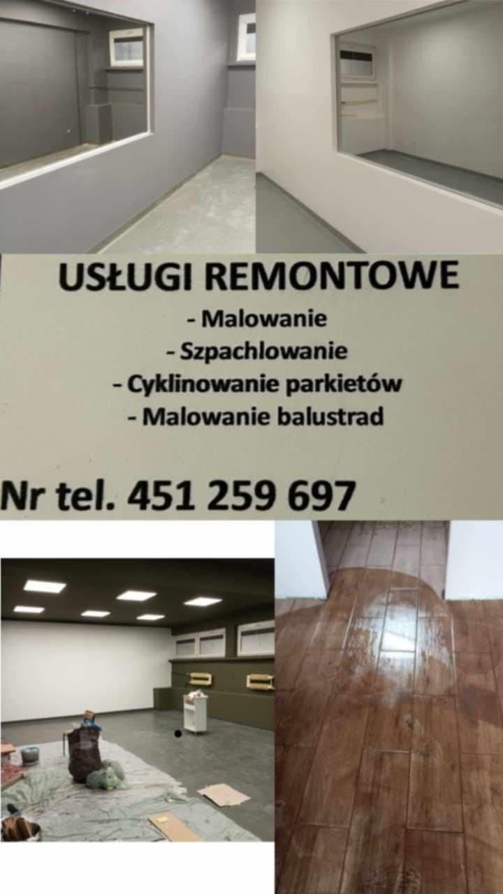 Kompozycja zdjęć z remontów: malowanie szpachlowanie, cyklinowanie parkietów, malowanie balustrad. Na środku wizytówka z numerem telefonu.