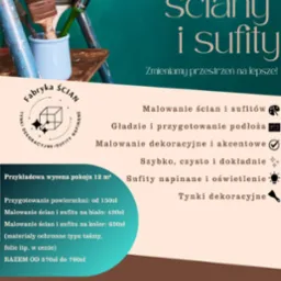 Reklama firmy oferującej malowanie ścian i sufitów z wyceną. Widoczne pędzle, logo firmy 'Fabryka Ścian' i numer telefonu. Informacja o bezpłatnej wycenie.