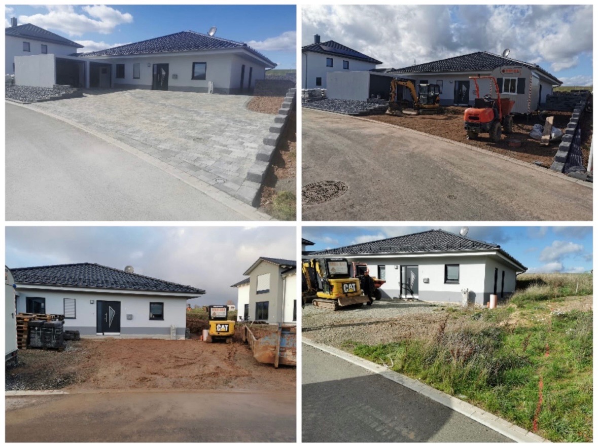 Cztery kadry: dom jednorodzinny przed i w trakcie prac ziemnych, z wybrukowanym podjazdem na pierwszym ujęciu i sprzętem budowlanym na pozostałych.