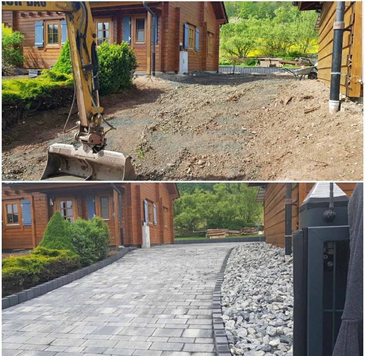 Ułożona kostka brukowa przed domem z drewnianą elewacją, widok przed i po. W tle zieleń drzew i krzewów. Na górnym zdjęciu widoczna koparka.