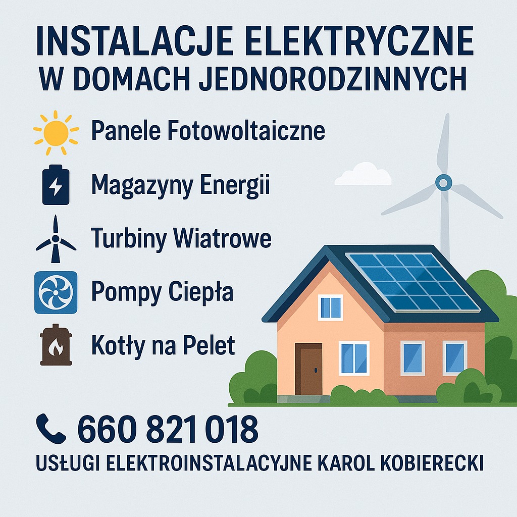 Grafika: Instalacje elektryczne w domach jednorodzinnych, panele fotowoltaiczne, magazyny energii, turbiny wiatrowe, pompa ciepła, kotły na pelet. Kontakt telefoniczny.