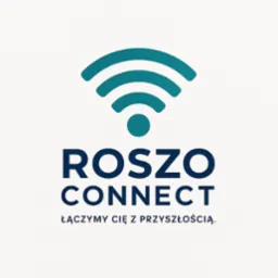 Logo ROSZO CONNECT z symbolem Wi-Fi i hasłem „Łączymy Cię z przyszłością”. Ciemnoniebieski napis na jasnym tle.