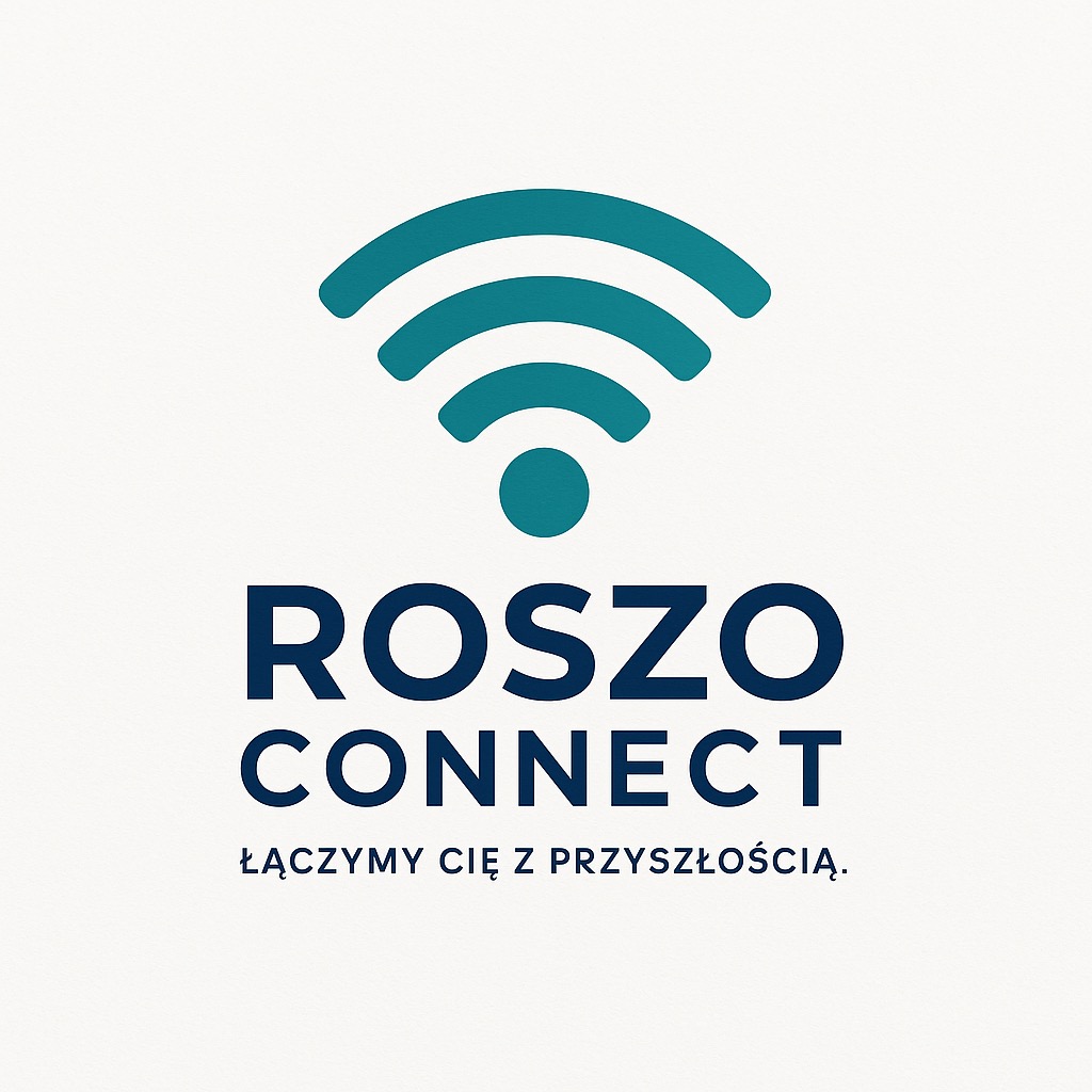 Logo ROSZO CONNECT z symbolem Wi-Fi i hasłem „Łączymy Cię z przyszłością”. Ciemnoniebieski napis na jasnym tle.