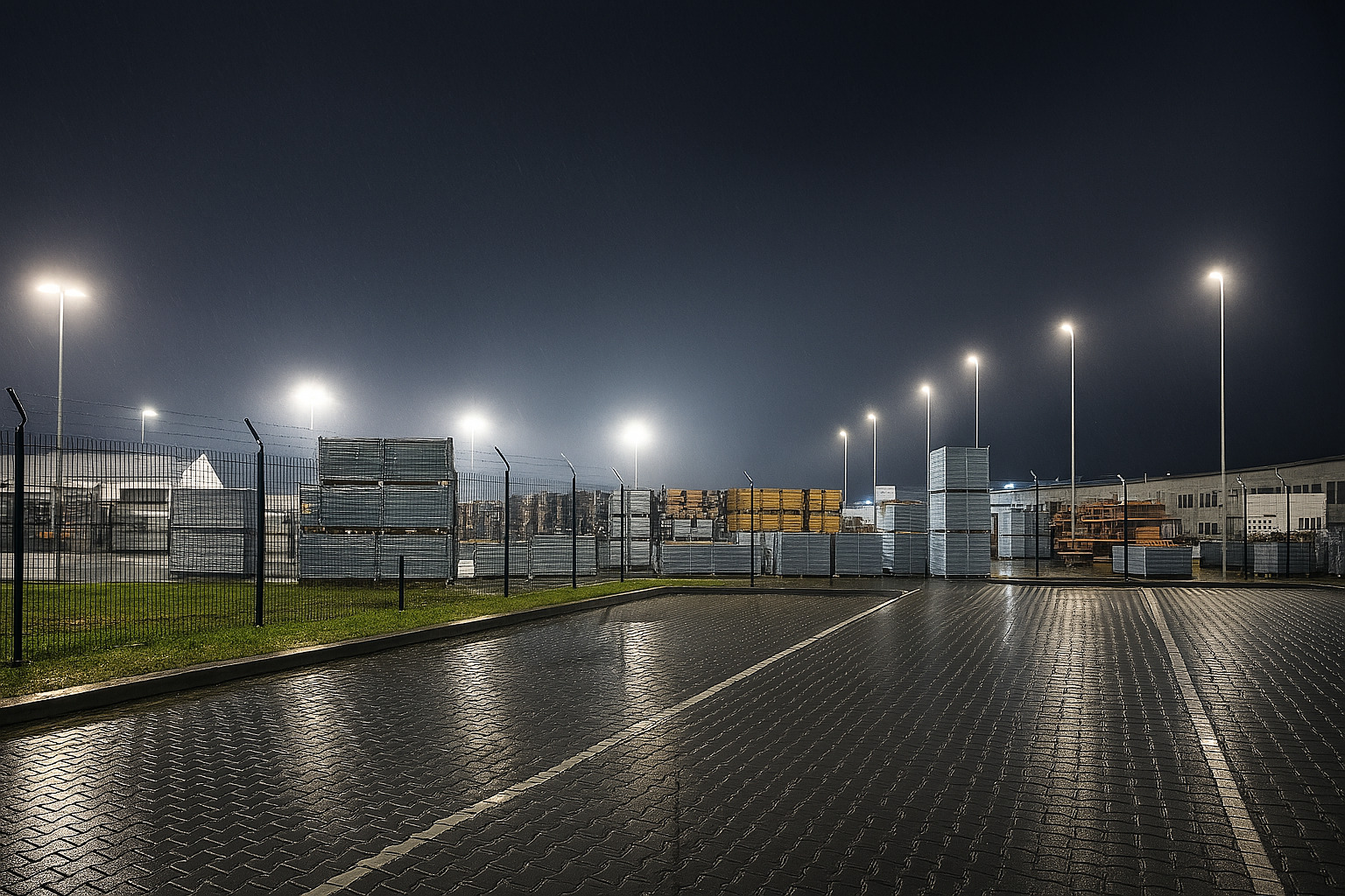 Nocny widok na plac magazynowy we Wrocławiu z rzędami lamp oświetleniowych i paletami za ogrodzeniem. Mokra nawierzchnia odbija światła.