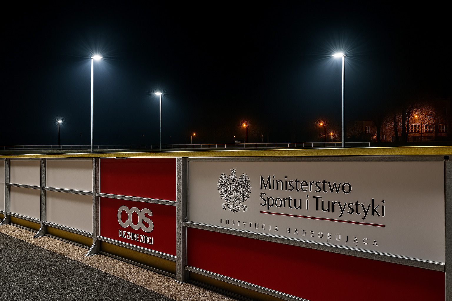 Oświetlony obiekt sportowy nocą, widoczne lampy oświetleniowe i bandy z logo Ministerstwa Sportu i Turystyki oraz COS, oświetlenie boiska.