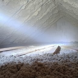 RPGO SPÓŁKA Z OGRANICZONĄ ODPOWIEDZIALNOŚCIĄ - Poddasze po ociepleniu pianką PUR w Rzeszowie. Widoczna warstwa izolacji na skośnych ścianach i podłodze, oświetlona lampą. Fragment buta i narzędzia w kadrze.