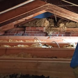 RPGO SPÓŁKA Z OGRANICZONĄ ODPOWIEDZIALNOŚCIĄ - Poddasze z drewnianą konstrukcją i izolacją z wełny mineralnej, widoczne przewody elektryczne. Ujęcie z dołu, podkreślające strukturę dachu i materiały izolacyjne.