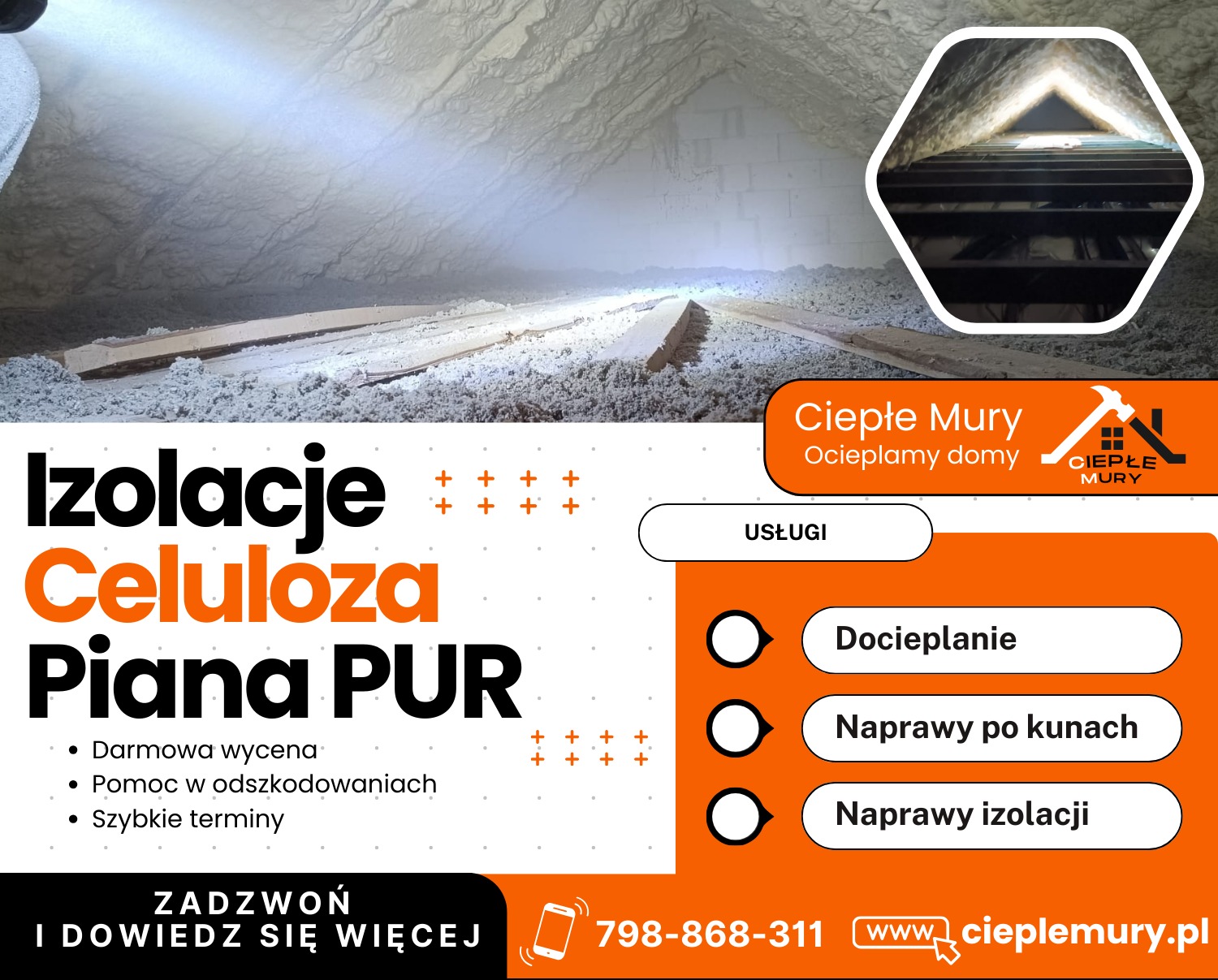 Strop ocieplony celulozą, widoczne drewniane belki. U góry kadru logo firmy ocieplającej domy. Grafika reklamowa z ofertą docieplenia i napraw izolacji.