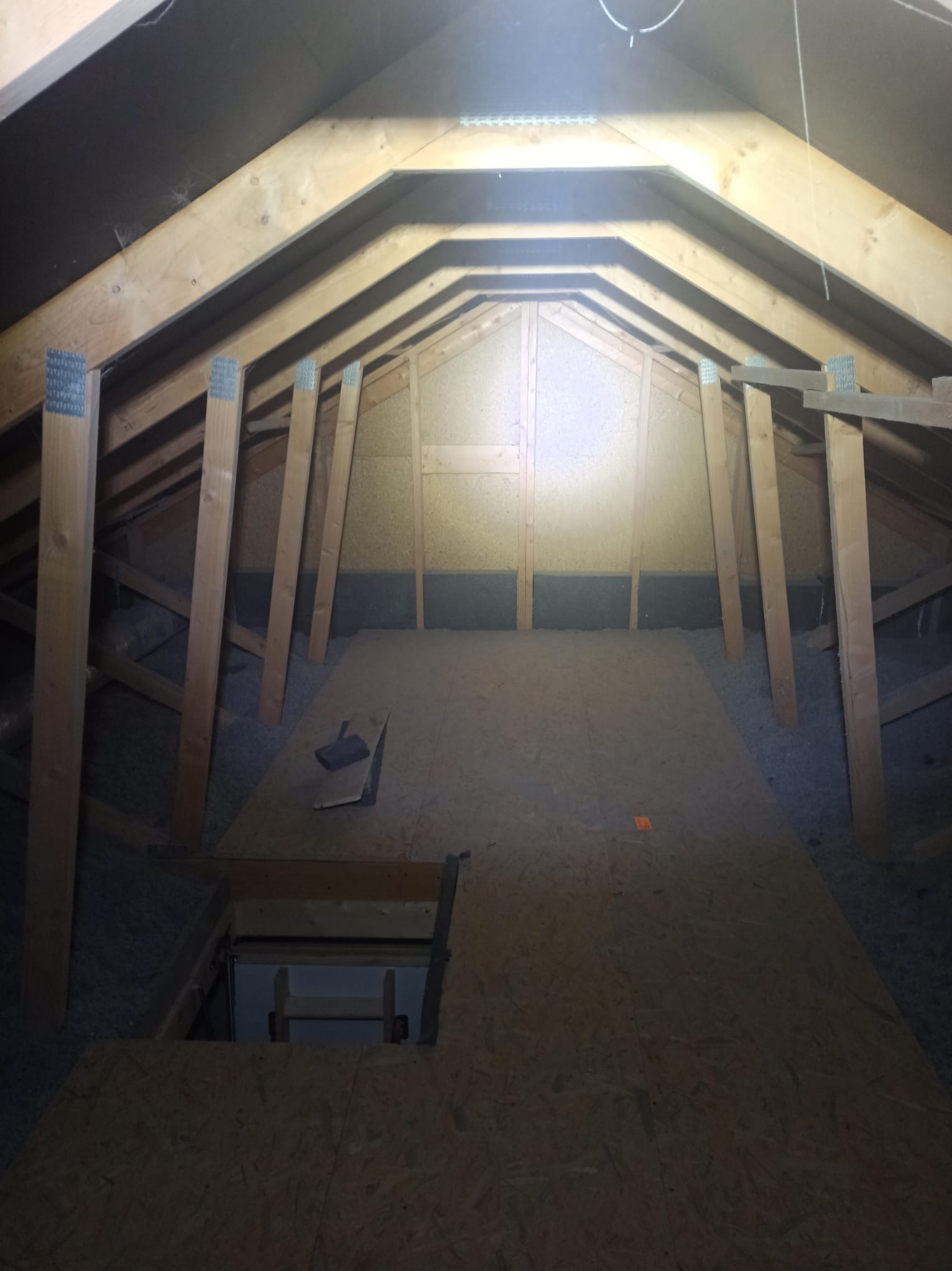 Poddasze z drewnianą konstrukcją dachu i częściowo ułożoną podłogą z płyt OSB, widoczne ocieplenie między krokwiami. Ujęcie z dołu, centralne oświetlenie.