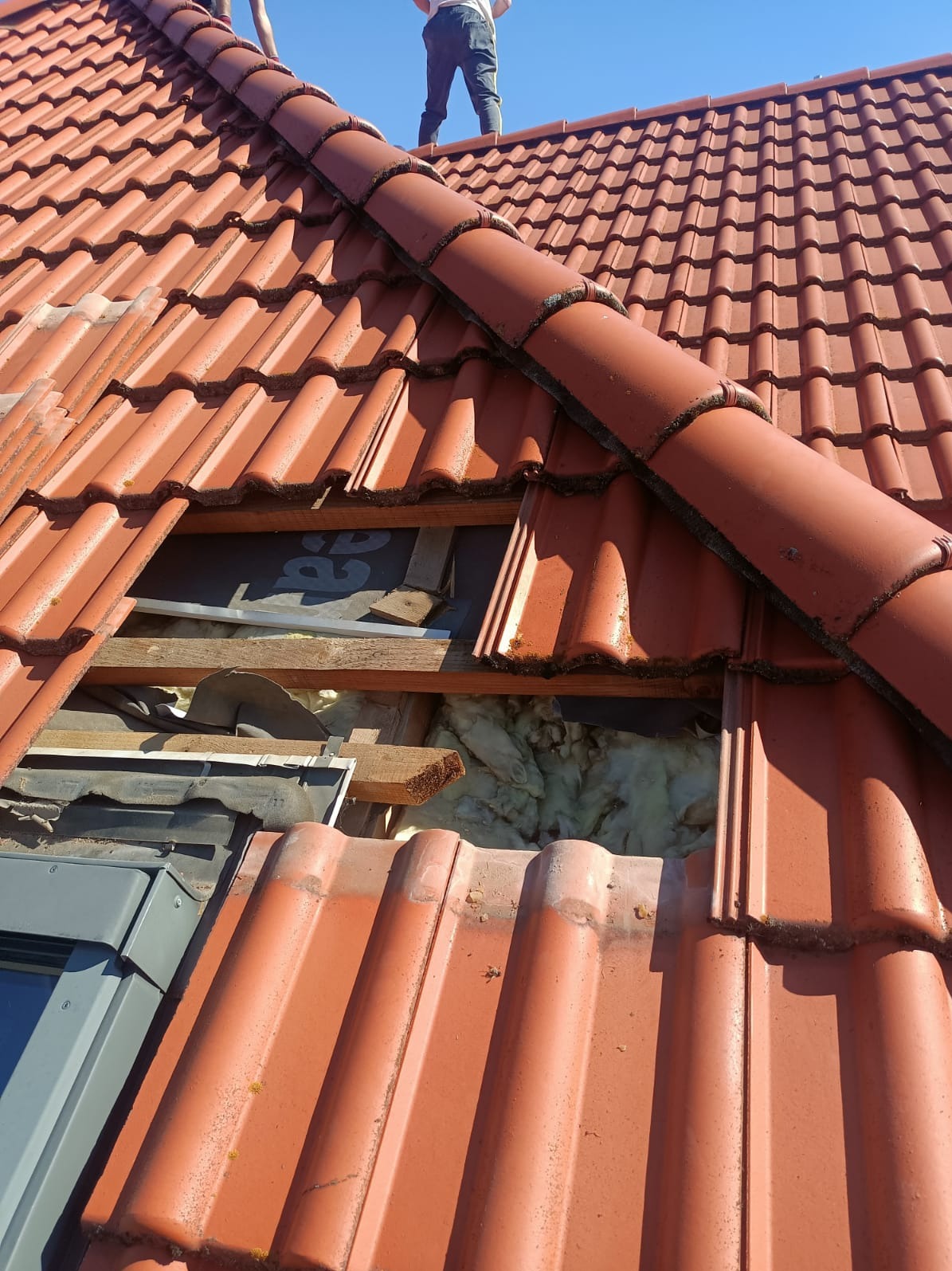 Czerwona dachówka z widocznym oknem dachowym i izolacją z wełny mineralnej. Fragment dachu z uszkodzeniami i elementami drewnianymi. Prace dekarskie w toku.