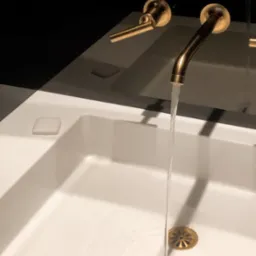 Biała umywalka z konglomeratu z złotą armaturą w minimalistycznej łazience. Woda leje się z kranu, tworząc delikatne fale na dnie umywalki.