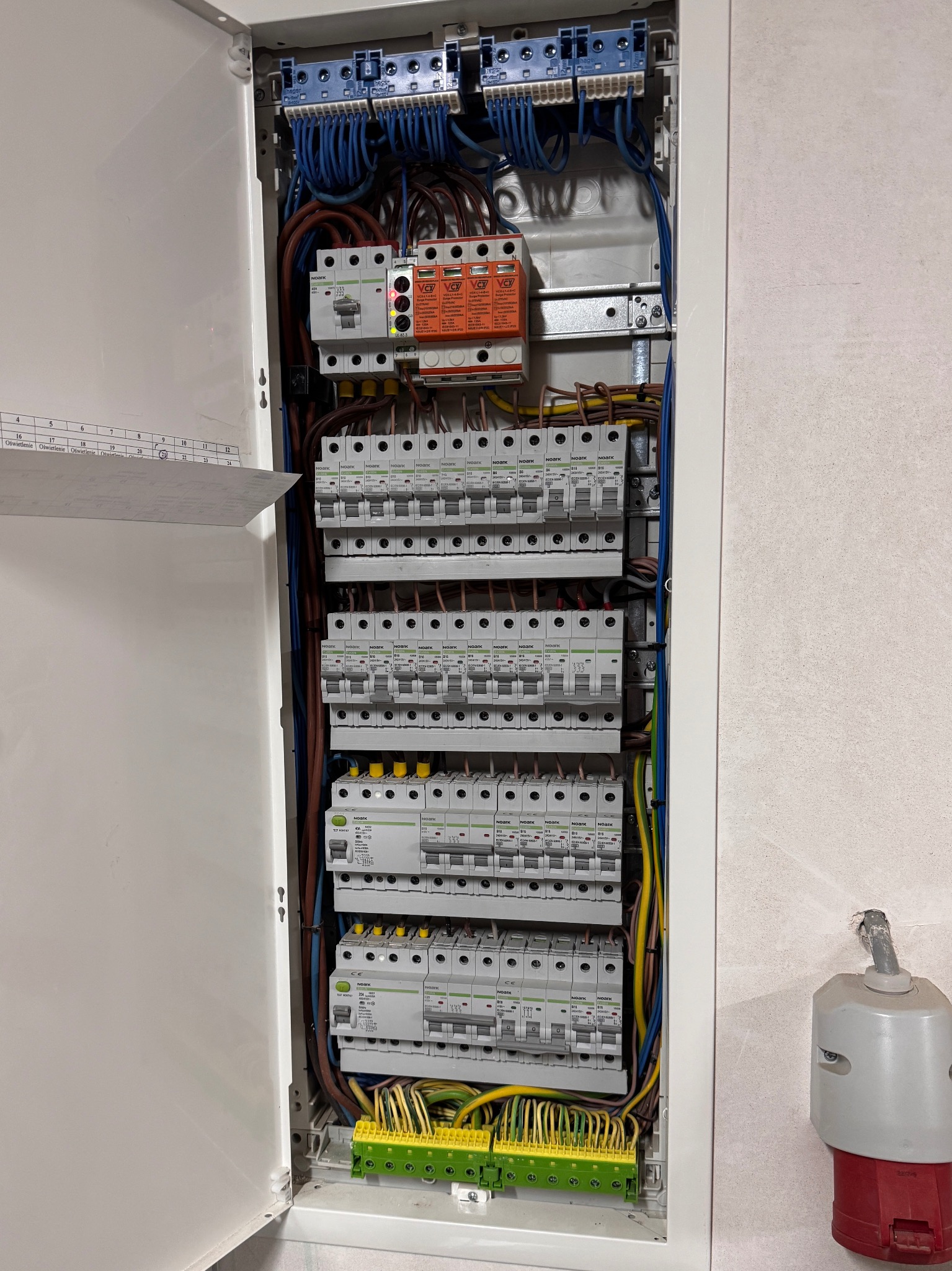 Otwarta skrzynka rozdzielcza z zainstalowanymi bezpiecznikami, przewodami i listwami zaciskowymi. Widoczne elementy instalacji elektrycznej wewnątrz obudowy.