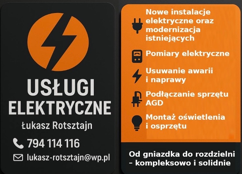 Wizytówka elektryka: nowe instalacje, pomiary, usuwanie awarii, podłączanie AGD, montaż oświetlenia. Kontakt: Łukasz Rotsztajn, telefon i e-mail.