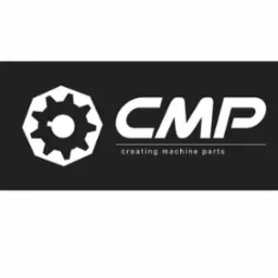 Logo CMP: biały symbol koła z zębami w heksagonie, obok napis 'CMP creating machine parts' na czarnym tle.