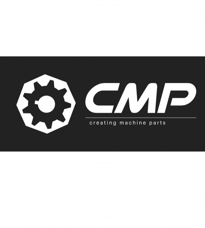 Logo CMP: biały symbol koła z zębami w heksagonie, obok napis 'CMP creating machine parts' na czarnym tle.