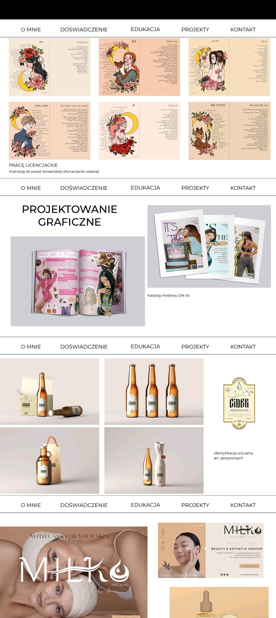 Przykłady projektów graficznych: ilustracje do poezji koreańskiej, katalog modowy ZIN A5, identyfikacja wizualna marki Cider i Milk Cosmetics.