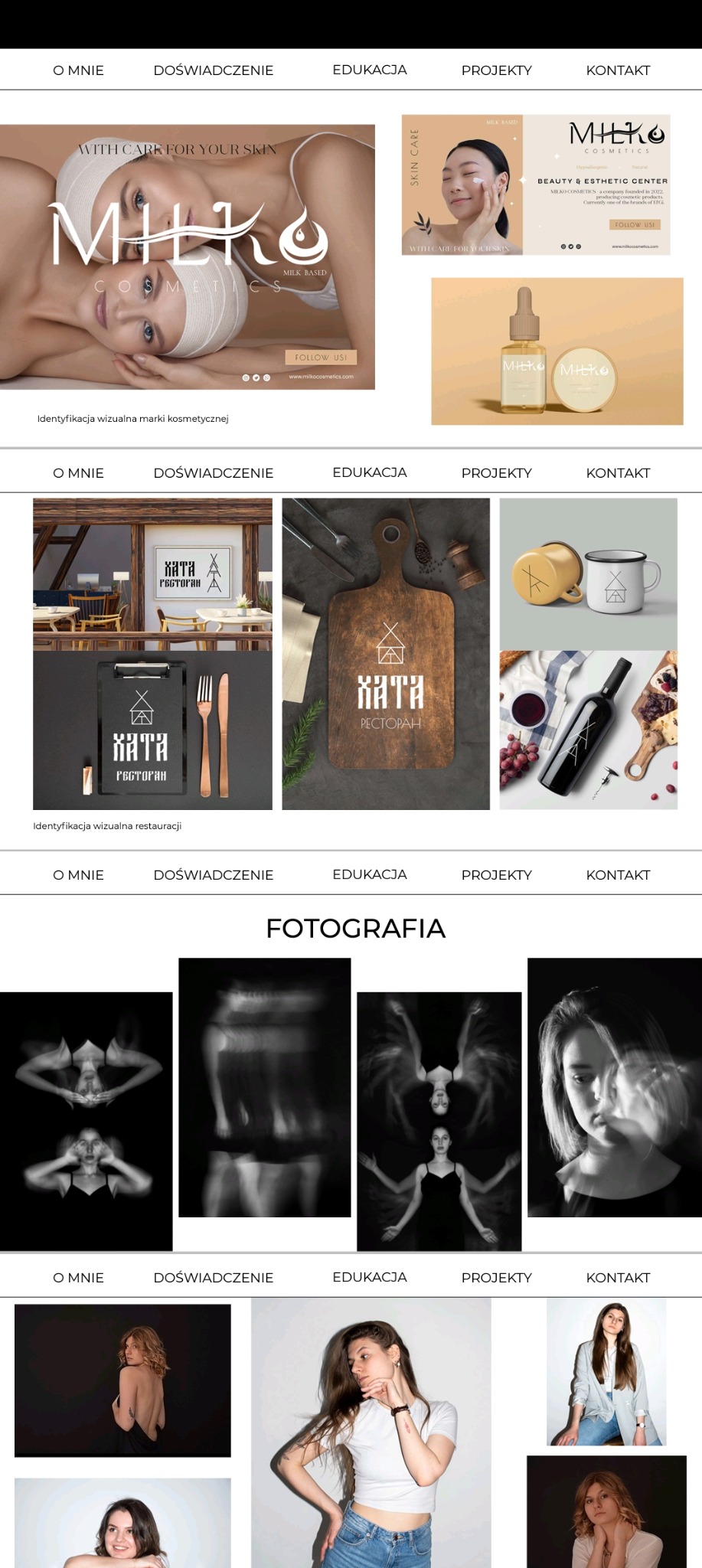 Portfolio z identyfikacją wizualną marki kosmetycznej Milk Cosmetics i restauracji ХАТА РЕСТОРАН, prezentowane w układzie kolażu na stronie internetowej.