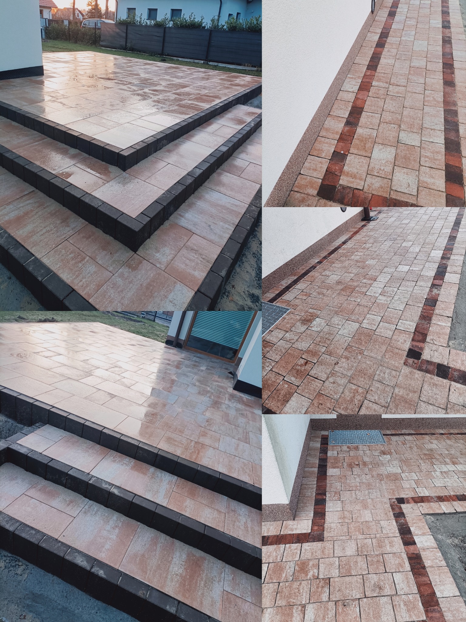 Nowoczesna aranżacja przestrzeni z kostki brukowej w odcieniach beżu i brązu. Schody z ciemnymi obrzeżami prowadzą na taras, a ścieżka z wzorem biegnie wzdłuż budynku.