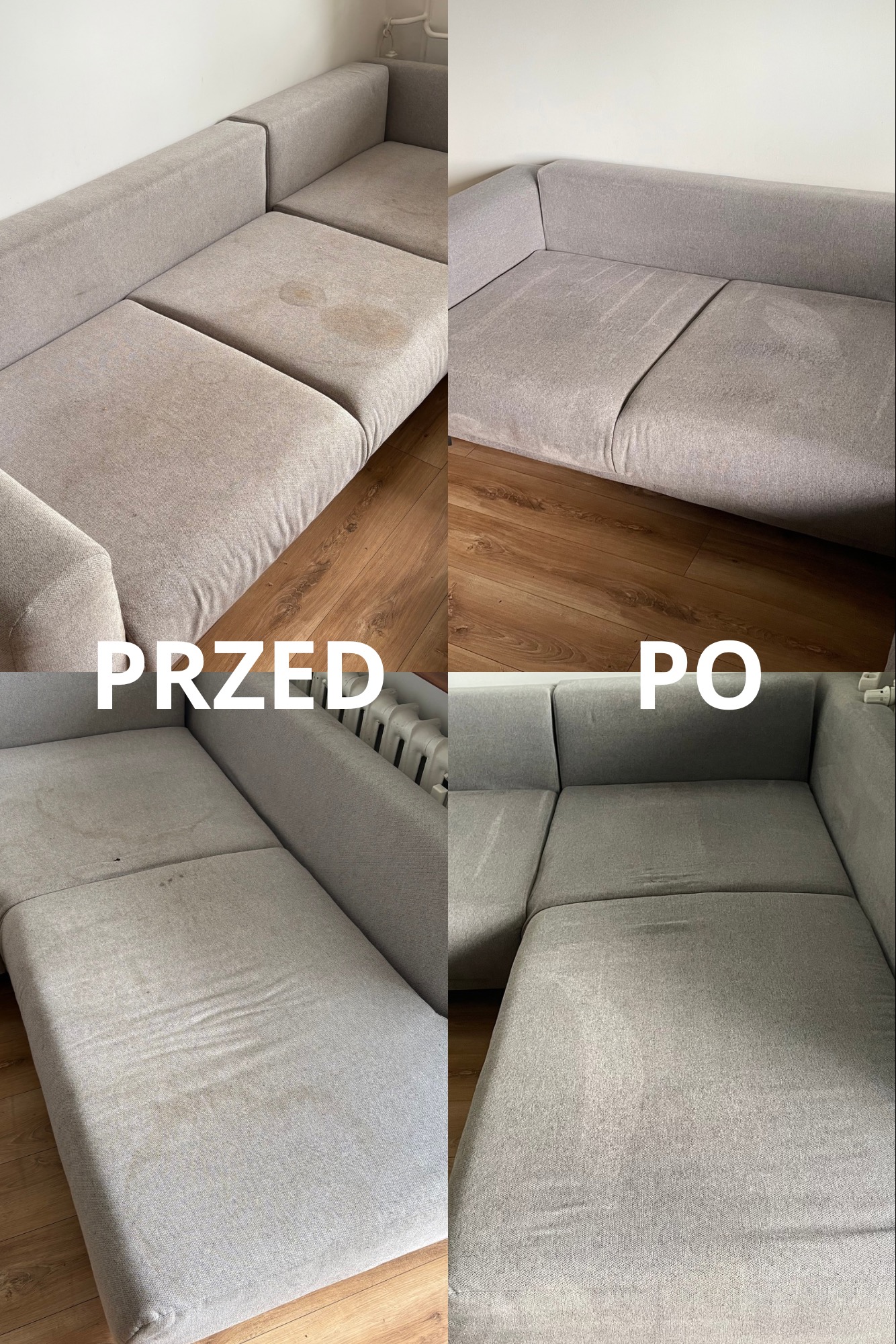 Szara, modułowa kanapa narożna w układzie 'przed i po' z widocznymi plamami na tapicerce przed czyszczeniem i czystą powierzchnią po zabiegu, na tle paneli podłogowych.