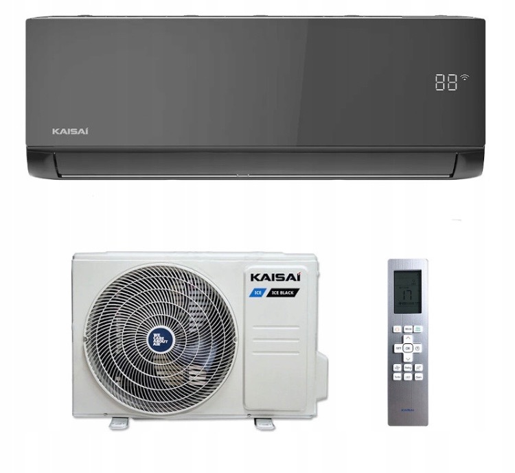 Czarny klimatyzator Kaisai Ice Black z jednostką zewnętrzną i pilotem. Widoczny wyświetlacz temperatury. Nowoczesny design.