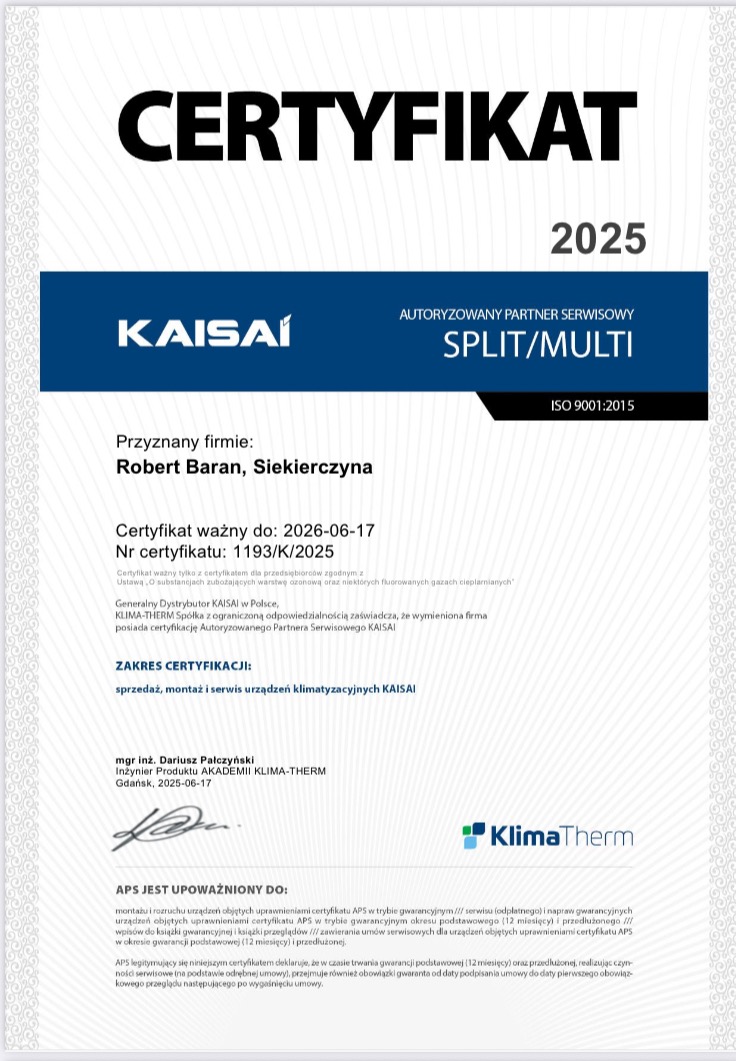 Certyfikat autoryzowanego partnera serwisowego Kaisai Split/Multi, ważny do 2026, przyznany firmie Robert Baran, Siekierczyna, potwierdzający uprawnienia do serwisu klimatyzacji.