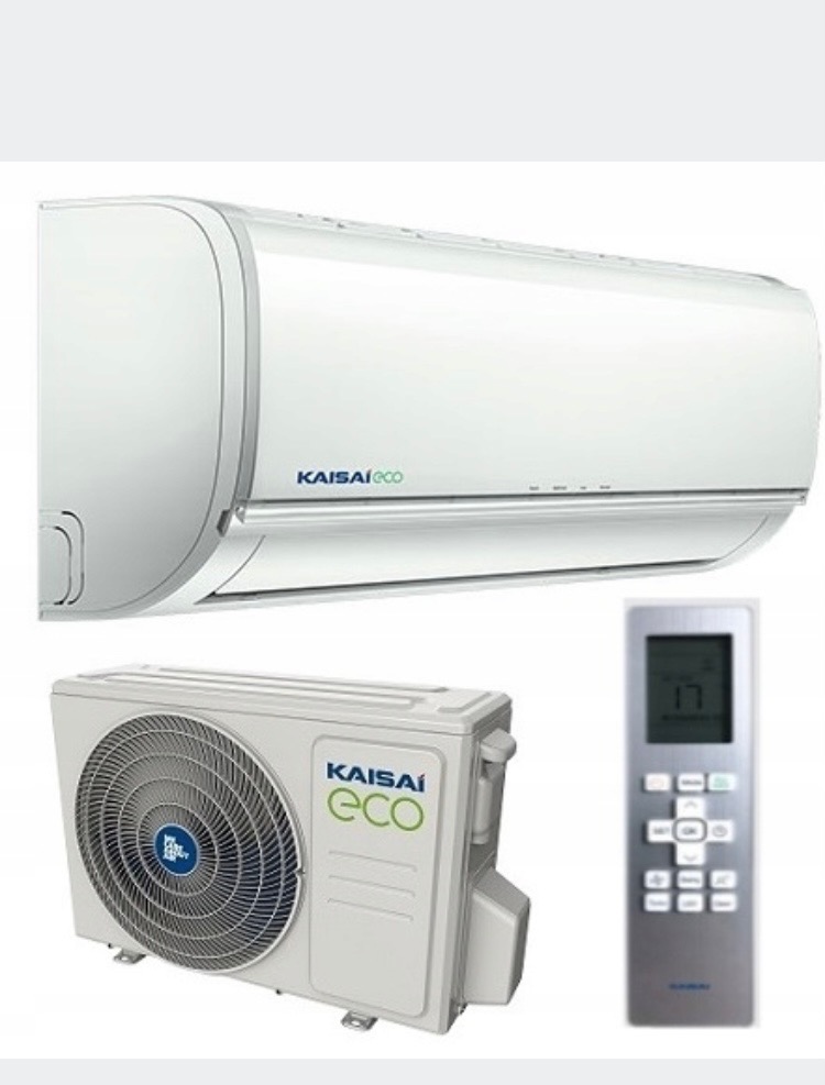 Biała klimatyzacja Kaisai Eco split: jednostka wewnętrzna, zewnętrzna i pilot. Widoczny model z zielonym akcentem 'Eco'.