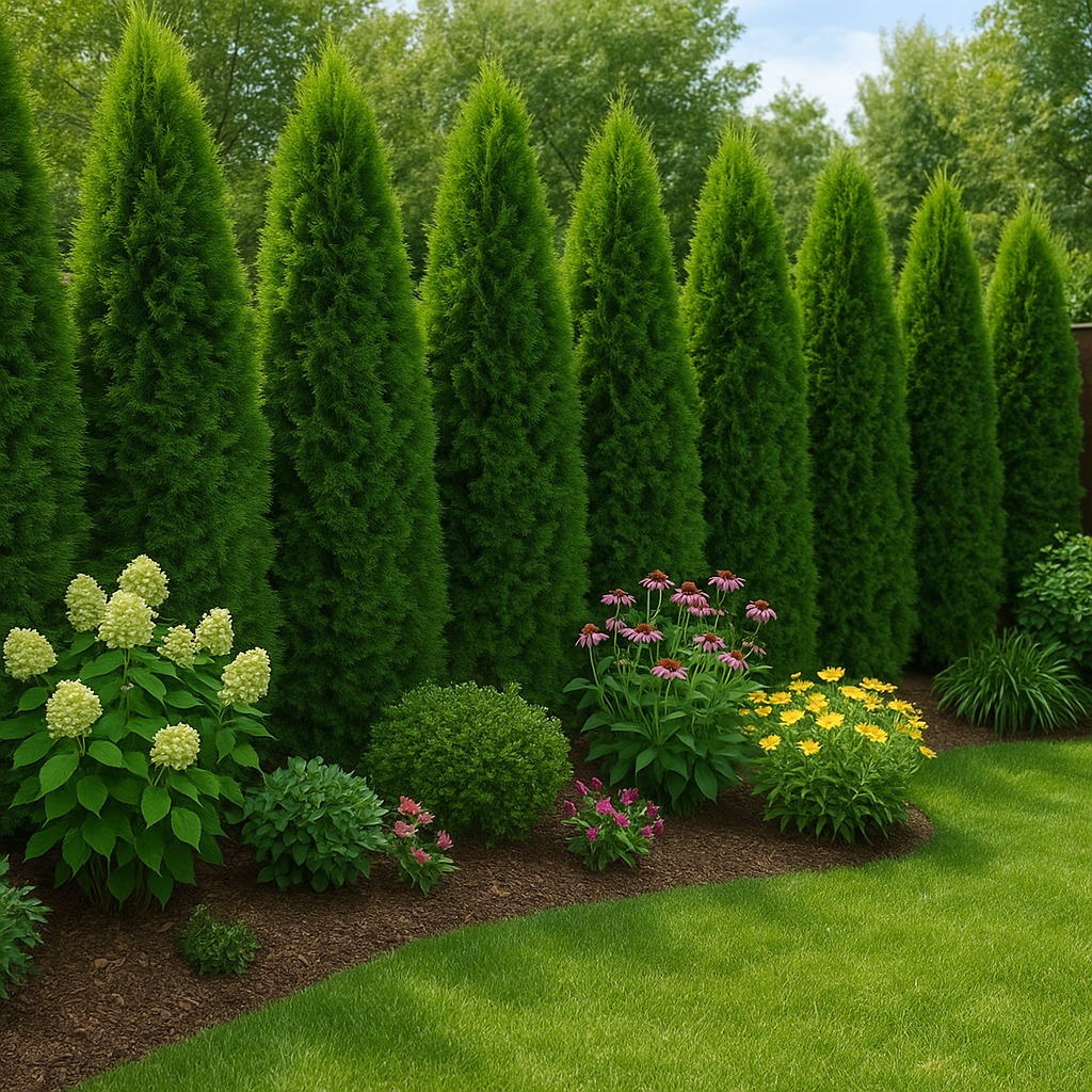 Równy szpaler zielonych tuj tworzących żywopłot, z przodu rabata z kwitnącymi bylinami i zadbany trawnik. Estetyczny ogród.