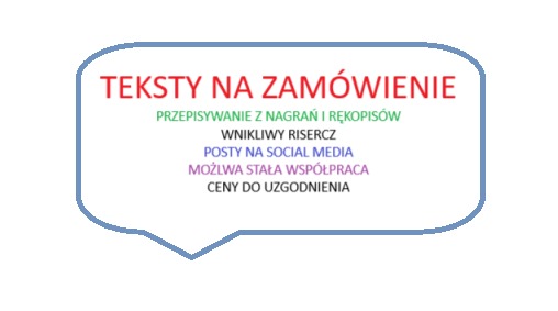 Grafika z niebieską obwódką: 'Teksty na zamówienie', przepisywanie, risercz, posty social media, stała współpraca, ceny do uzgodnienia. Różne kolory czcionek.