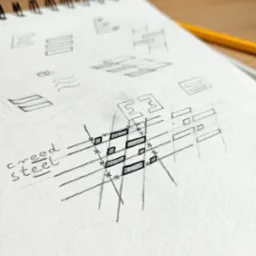 Szkicownik z koncepcjami logo 'Creed Steel' w Kolbudach. Ręcznie rysowane projekty, w tym jeden z zaznaczonymi proporcjami i liniami pomocniczymi.