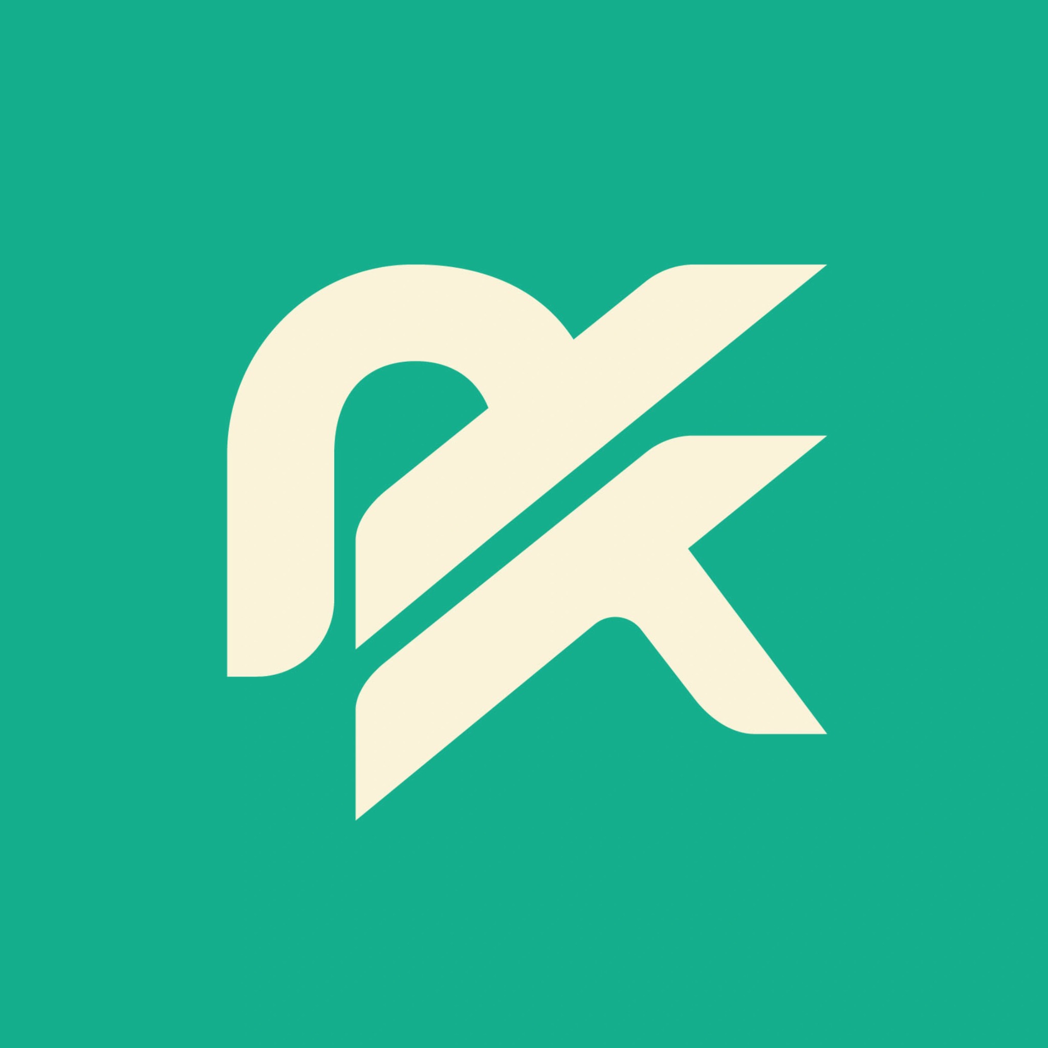 Abstrakcyjne logo w kolorach seledynowym i kremowym, przedstawiające połączone litery 'R' i 'K' w nowoczesnym stylu, na jednolitym tle.