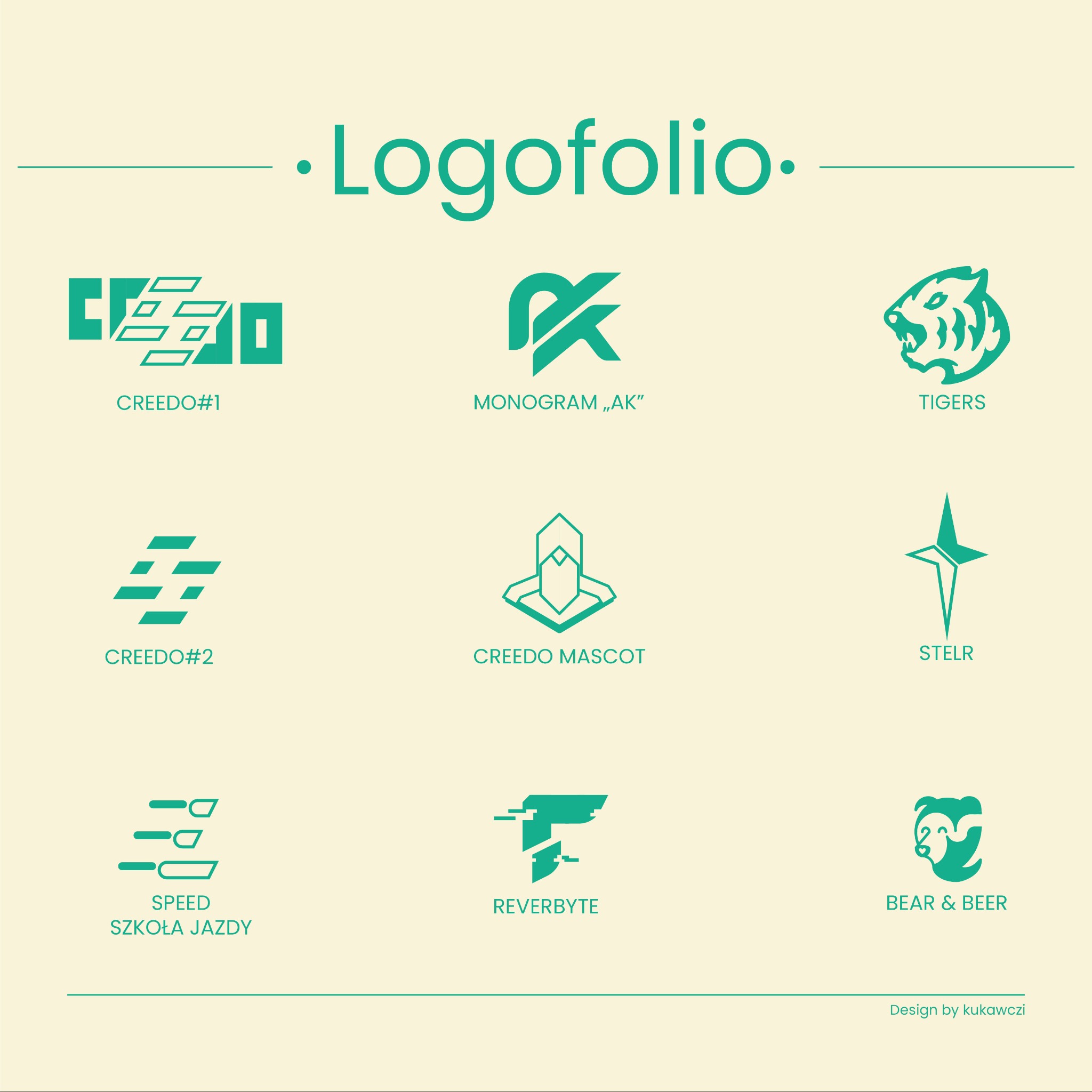 Logofolio prezentujące 9 unikalnych projektów logo w odcieniach zieleni, od minimalistycznych monogramów po graficzne symbole zwierząt i nazw firm, na kremowym tle.