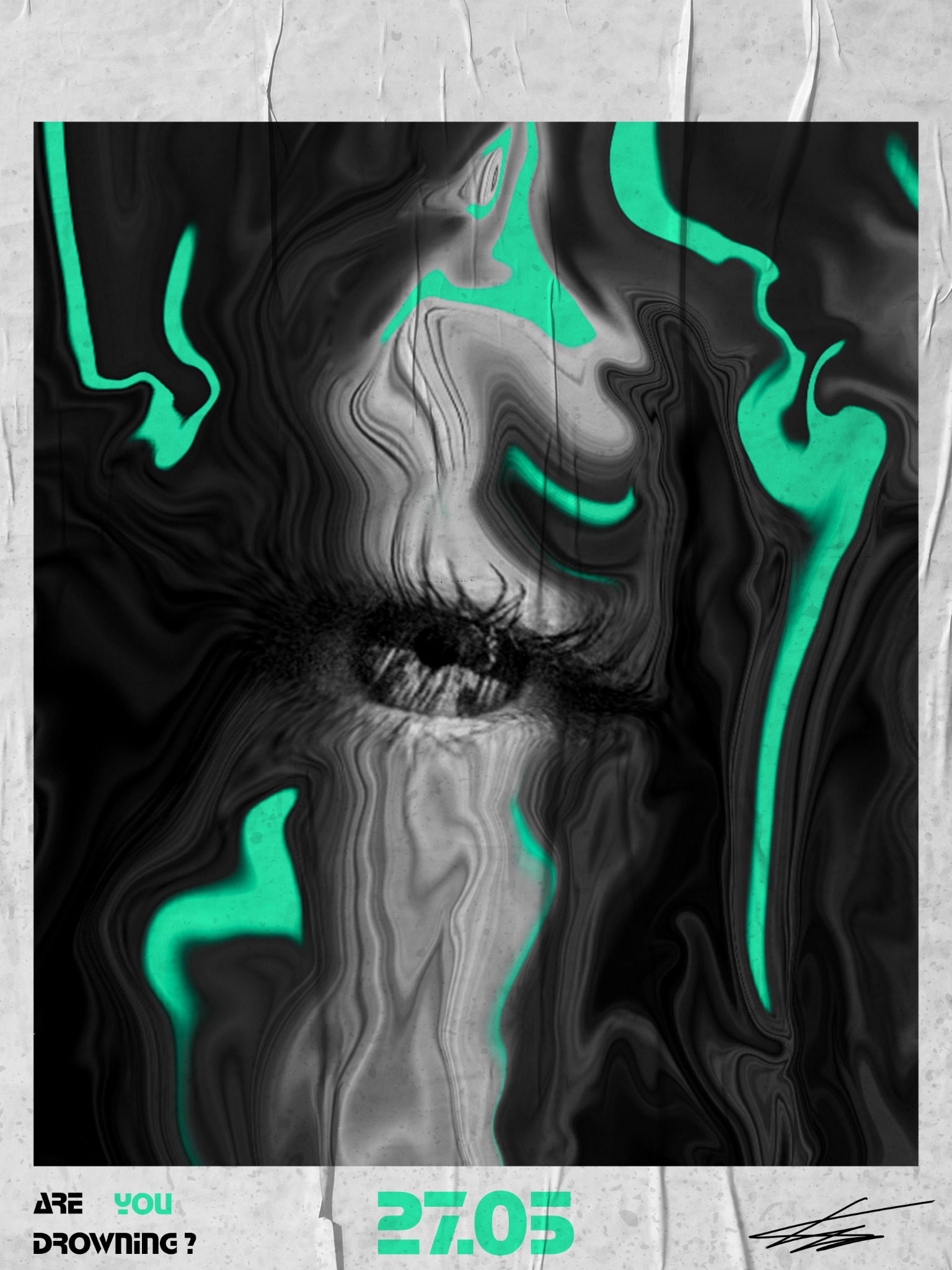 Abstrakcyjna grafika z motywem oka, w odcieniach szarości i czerni, z akcentami w kolorze seledynowym, przypominająca plakat z datą 27.05 i pytaniem 'Are you drowning?'